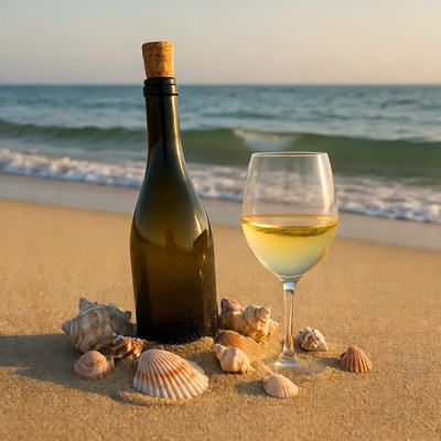 Wine Bottle and Glass on Beach with Seashells