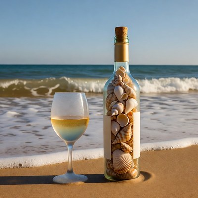 Wine Bottle with Seashells and Glass on Beach