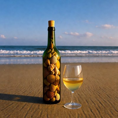 Wine Bottle with Shells and Glass on Beach