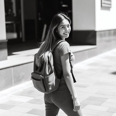Asian woman walking with backpack