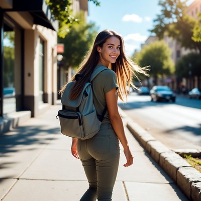 Smiling woman walking with backpack