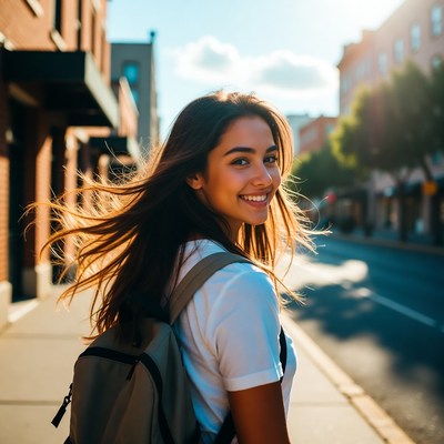 Smiling woman walking urban street