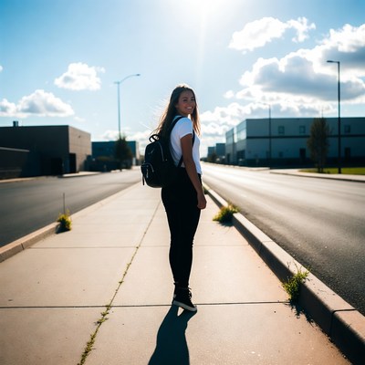 Young woman walking sidewalk with backpack