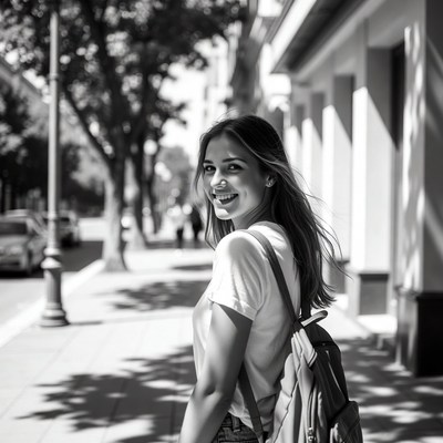 Smiling woman walking urban street