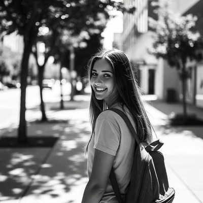 Smiling woman with backpack on sunny street