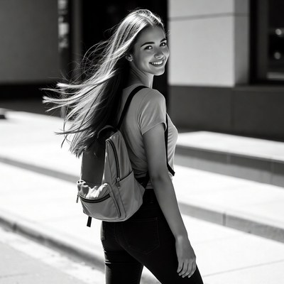 Smiling woman with backpack walking urban street