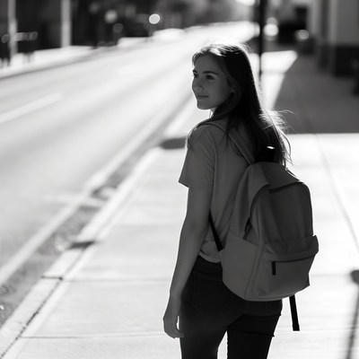 Woman walking with backpack on street