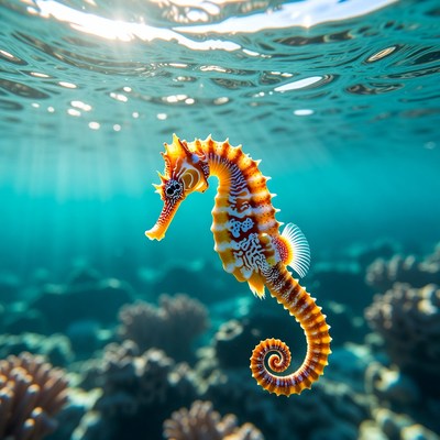 Orange Seahorse Swimming Underwater