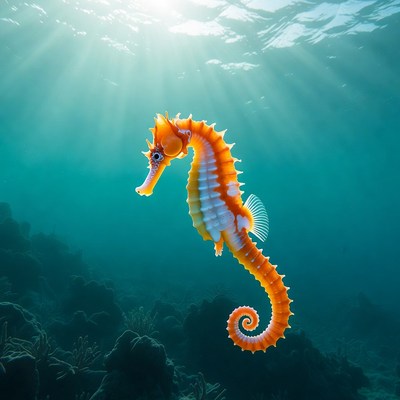 Orange Seahorse in Sunlit Ocean