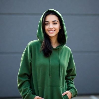 Smiling woman in green hoodie