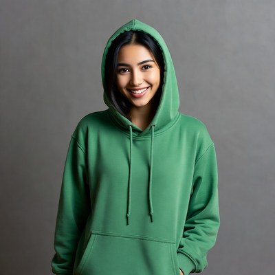 Asian woman smiling in green hoodie