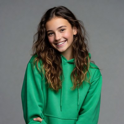 Teen girl smiling in green hoodie