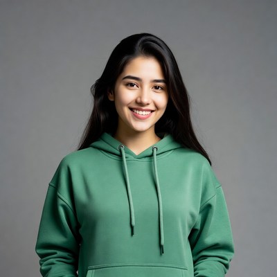 Asian woman smiling in green hoodie