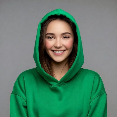 Smiling woman in green hoodie