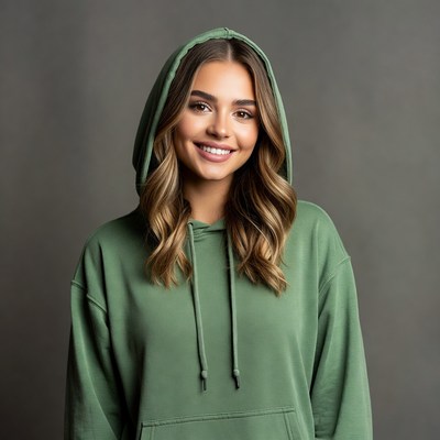 Smiling woman in green hoodie