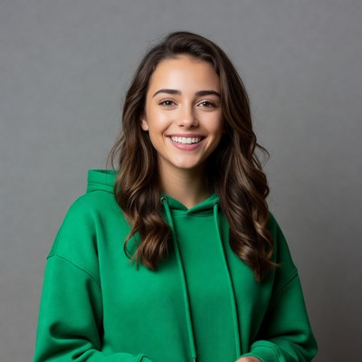Smiling woman in green hoodie