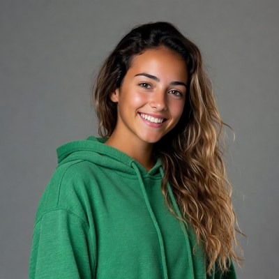 Smiling woman in green hoodie