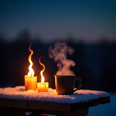 Hot Tea and Candles on Snowy Table