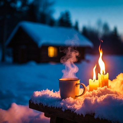Steaming Mug and Candles on Snowy Bench
