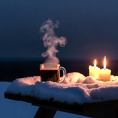 Hot Tea Cup with Steam and Candles on Snow