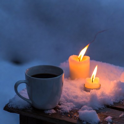 Coffee cup with candles on snowy table