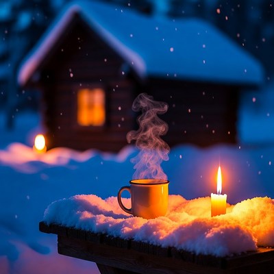 Steaming Mug and Candle in Snow