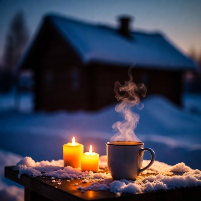Hot tea with candles in snow