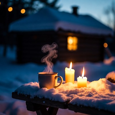 Steaming Mug and Candles on Snowy Table