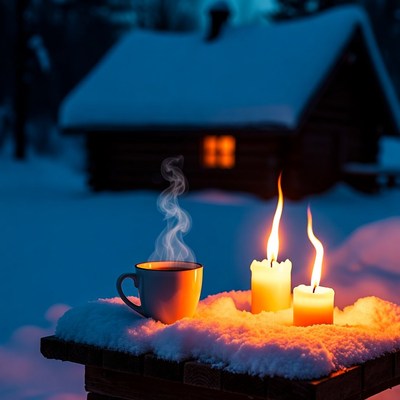 Hot tea cup with candles in snow
