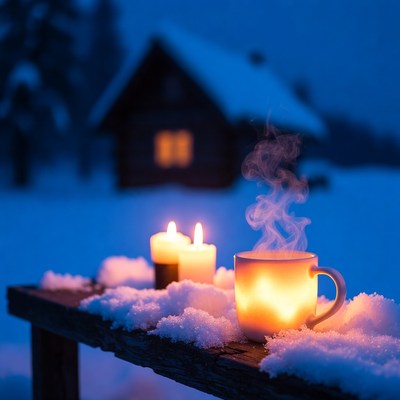 Steaming Mug Candles Snowy Cabin