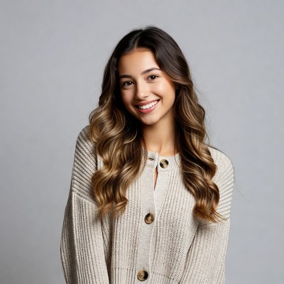 Smiling young woman in beige sweater