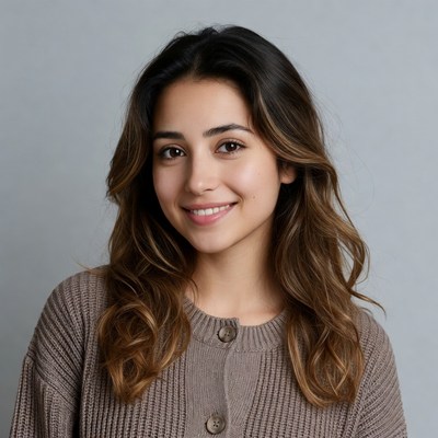 Smiling woman with brown wavy hair