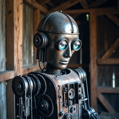Steampunk Robot in Wooden Barn
