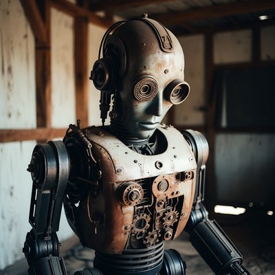 Rusty Steampunk Robot in Barn