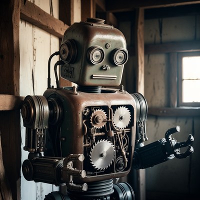 Steampunk Robot in Wooden Barn