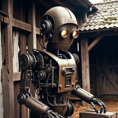 Steampunk Robot Holding Wooden Crate
