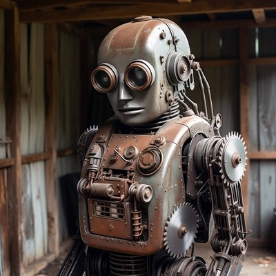 Rusty Steampunk Robot in Barn