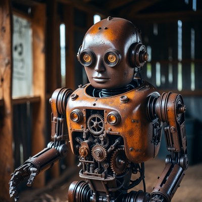 Steampunk Robot in Wooden Shed