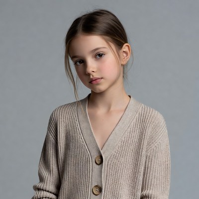 Girl in beige knit cardigan