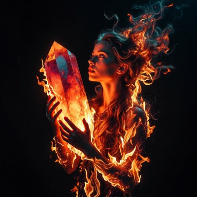 Woman holding fiery crystal