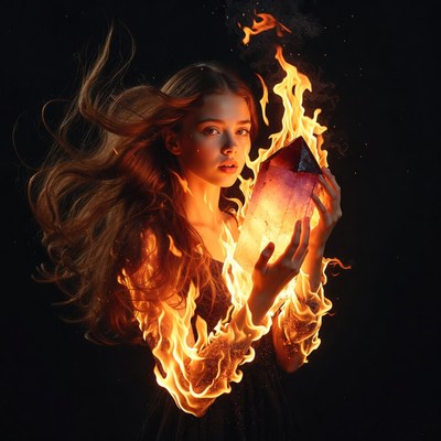 Woman holding glowing crystal with fire
