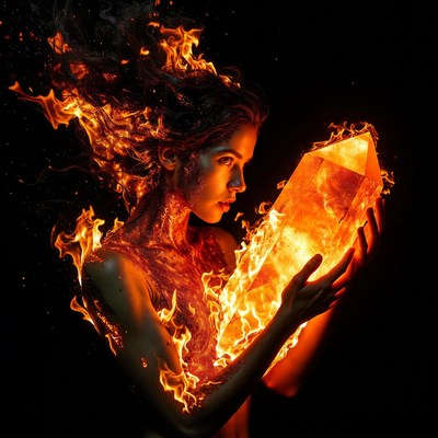 Fiery Woman Holding Glowing Crystal