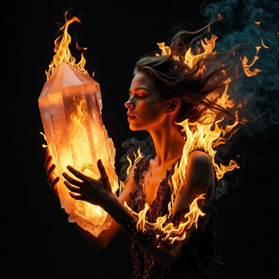 Woman holding fiery crystal