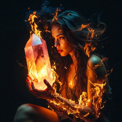 Woman holding fiery crystal
