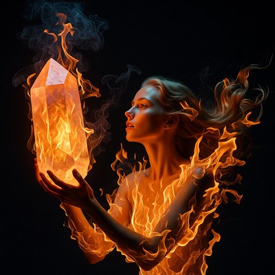 Nude woman holding fiery crystal