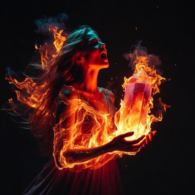 Woman holding fiery crystal