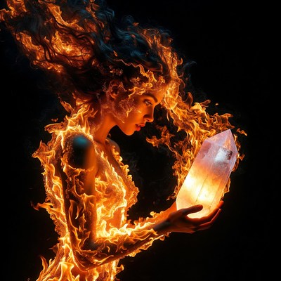 Fiery Woman Holding Glowing Crystal