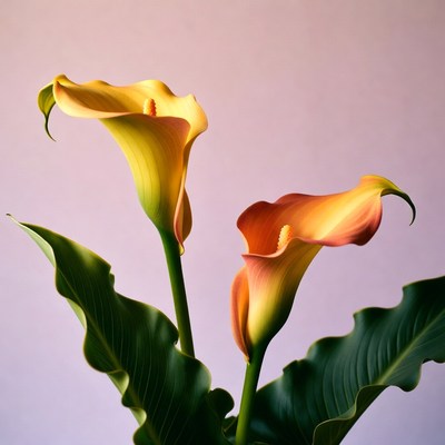 Two vibrant calla lilies