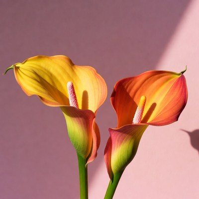 Two Colorful Calla Lilies on Pink Background