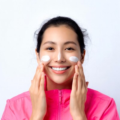 Asian woman applying face cream